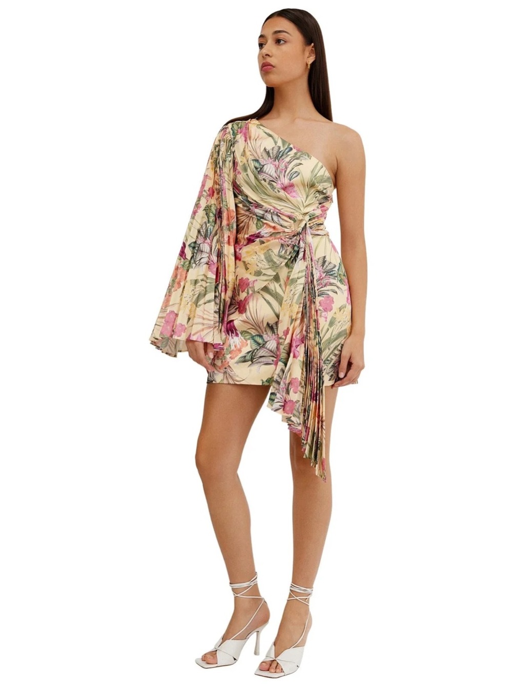 One-Shoulder Floral Mini Dress in Cream and Pink